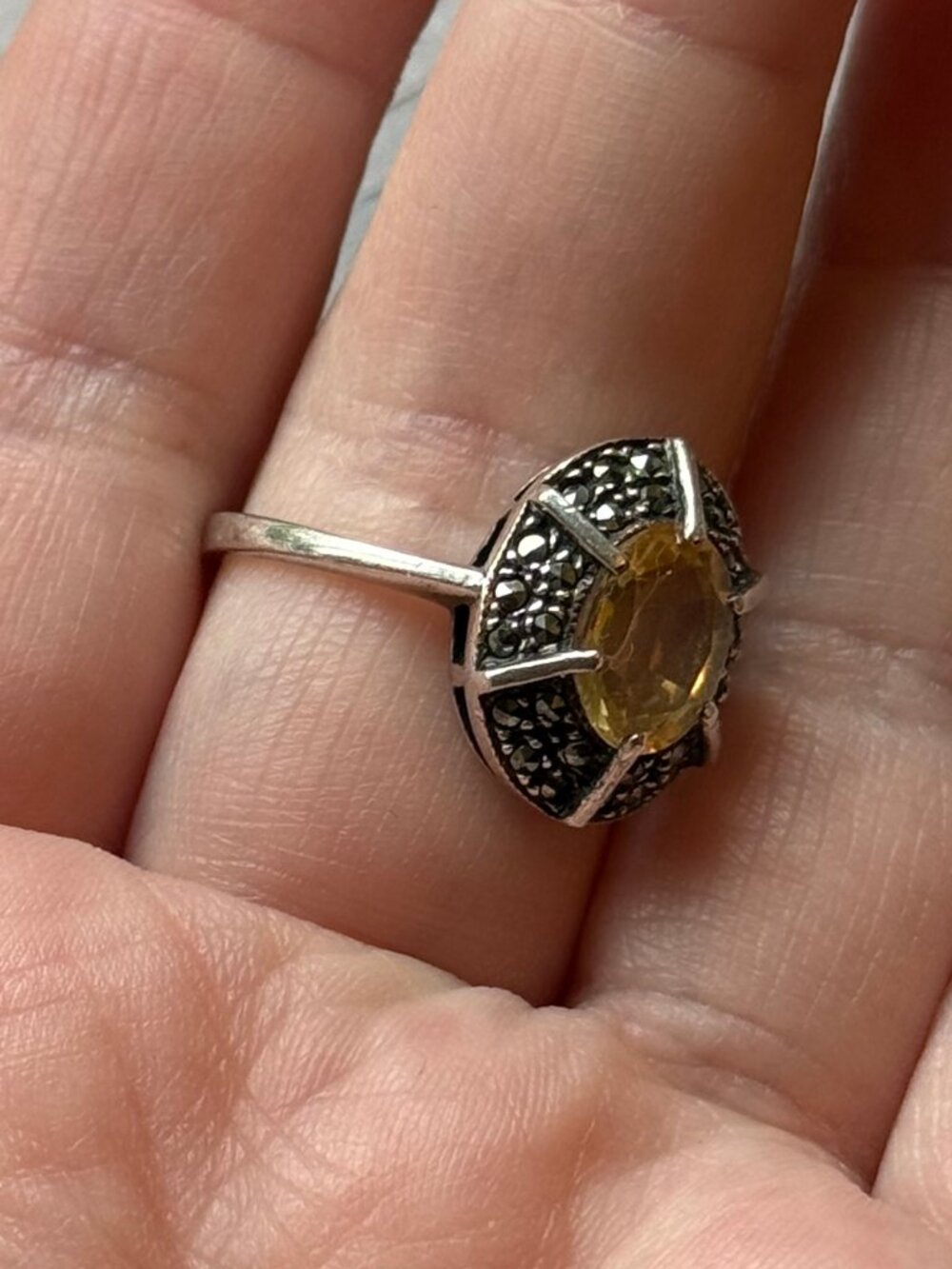 Art Deco Citrine and Marcasite Cocktail Ring in Sterling Silver - Picture 4 of 6